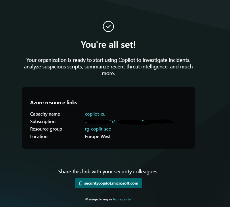 Copilot for Security setup completed